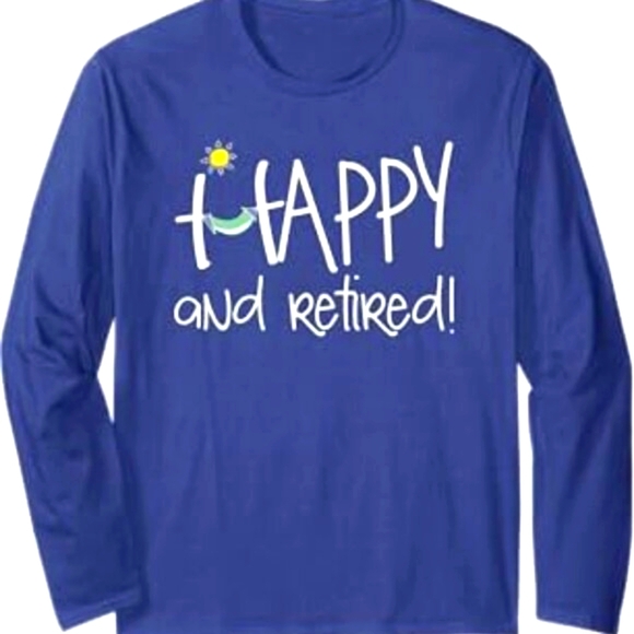 Port Company 'Happy & Retired!' Royal Blue Longsleeve T-Shirt, Size XL, NWOT - Picture 1 of 8